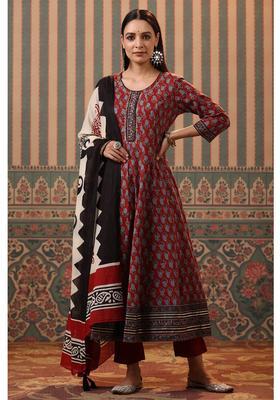 Maroon Printed Cotton Kurta Set