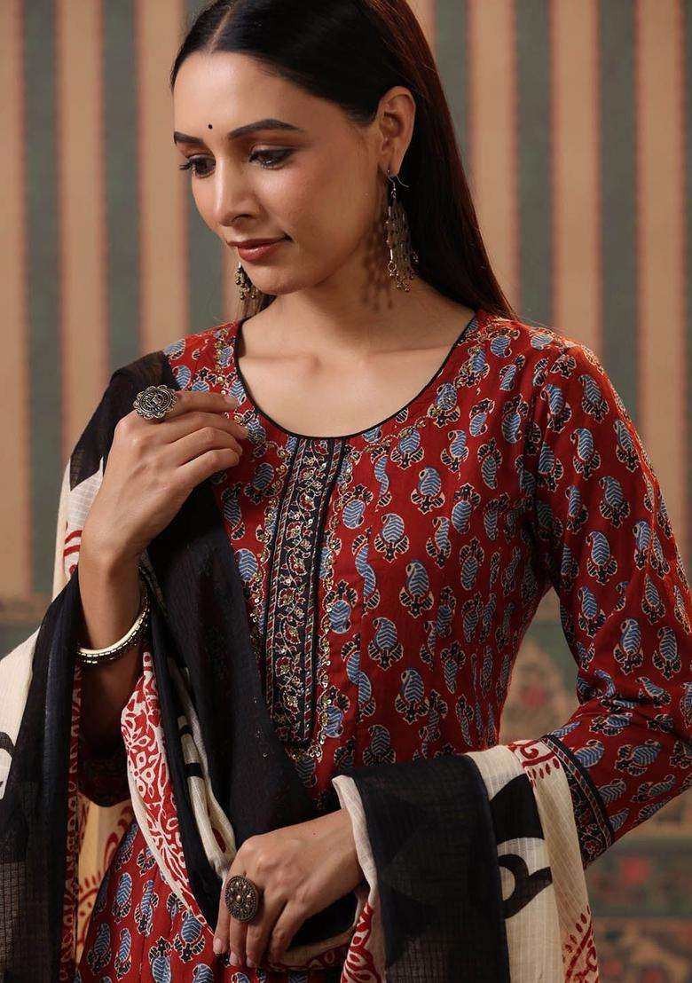 Maroon Printed Cotton Kurta Set - Indya