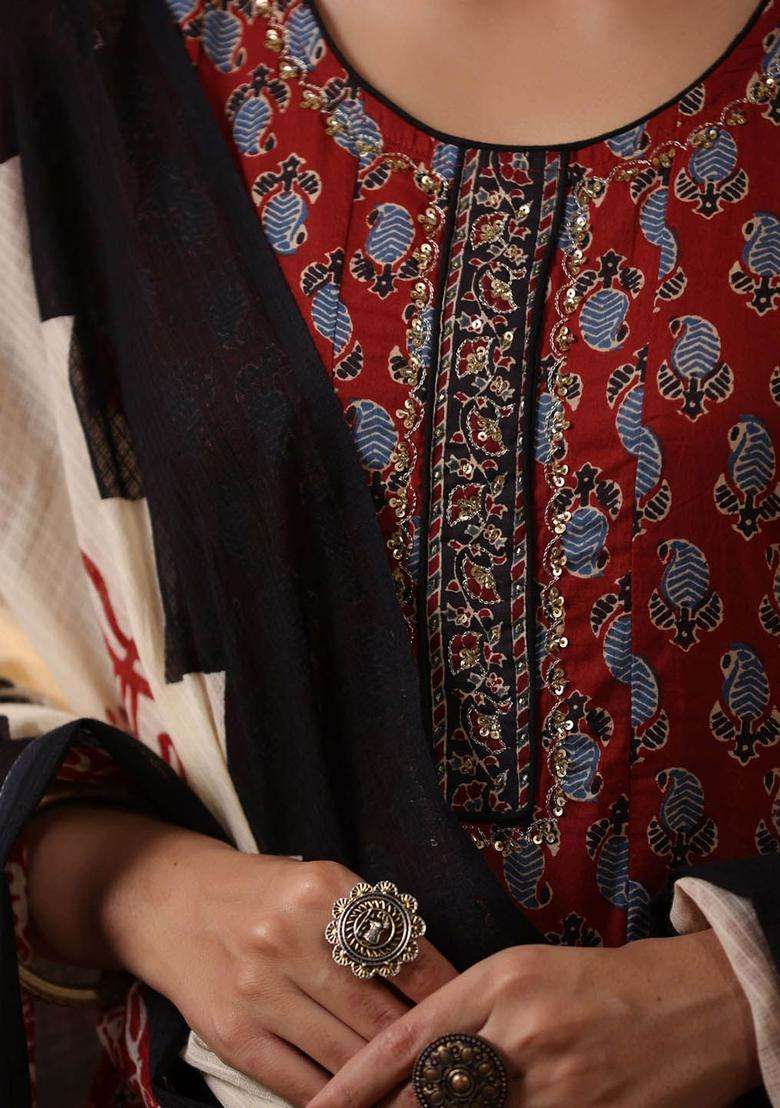 Maroon Printed Cotton Kurta Set - Indya