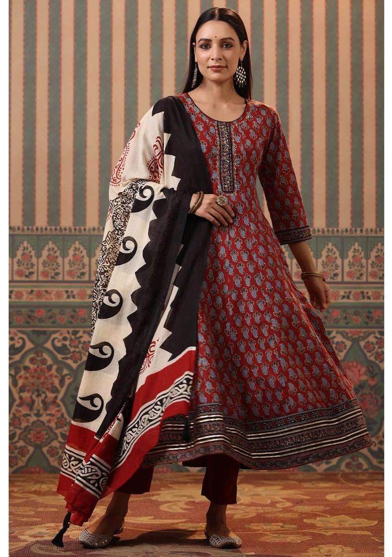 Maroon Printed Cotton Kurta Set - Indya