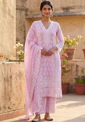 Lavender Embroidered Cotton Kurta Set