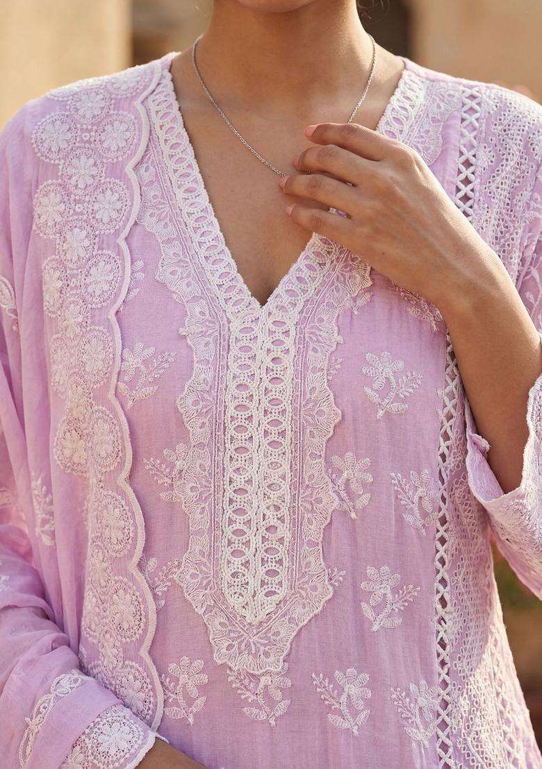 Lavender Embroidered Cotton Kurta Set - Indya