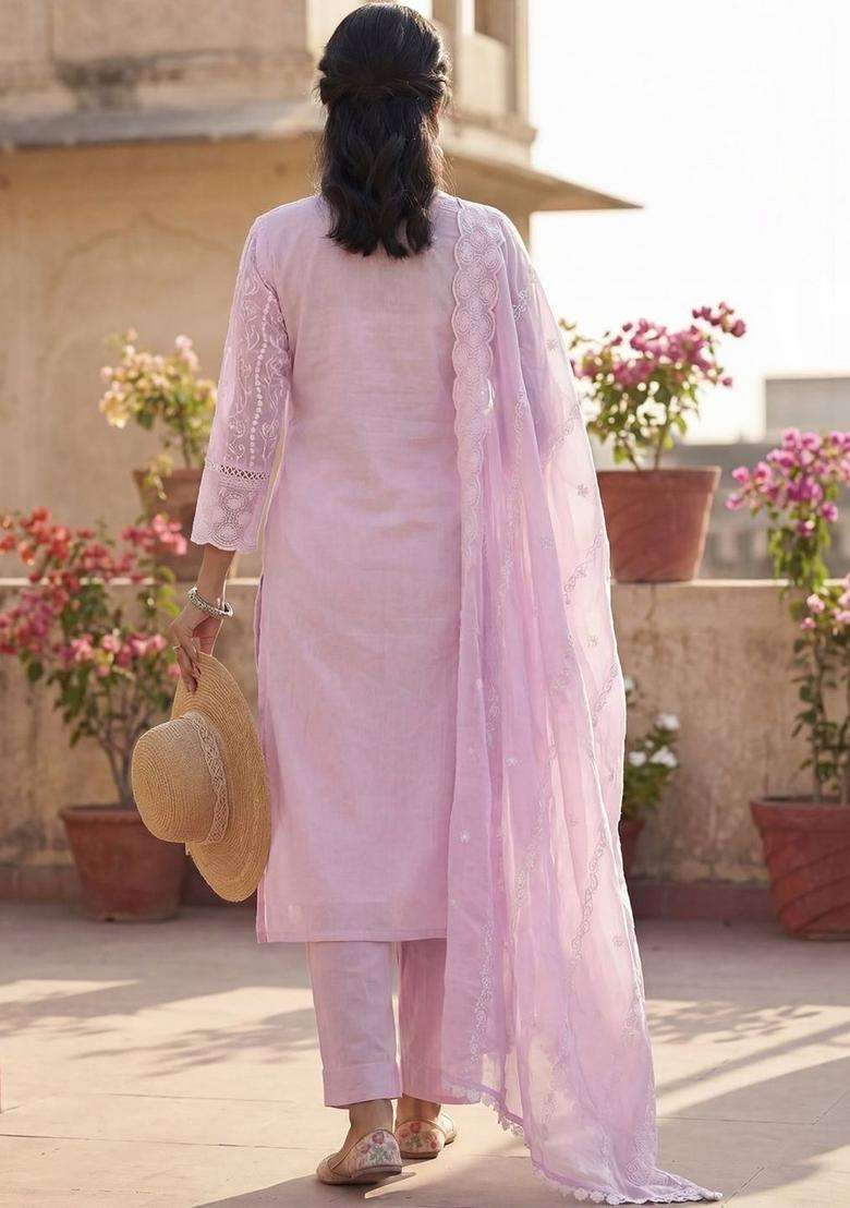 Lavender Embroidered Cotton Kurta Set - Indya