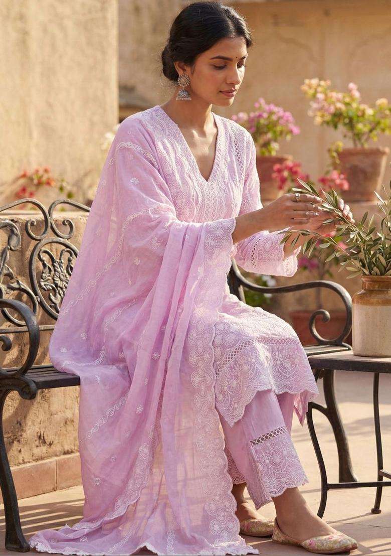 Lavender Embroidered Cotton Kurta Set - Indya