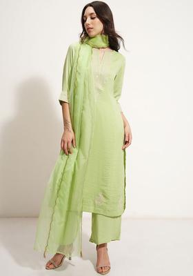 Green Embroidered Polyester Kurta Set
