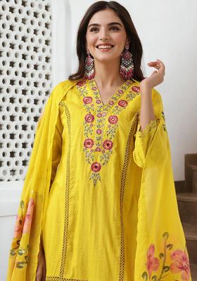 Mustard Embroidered Cotton Kurta Set
