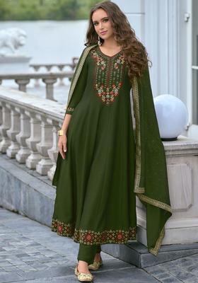 Green Embroidered Silk Anarkali Set