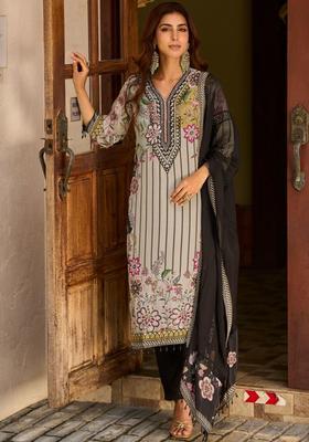 Off White Printed Silk Blend Kurta Set