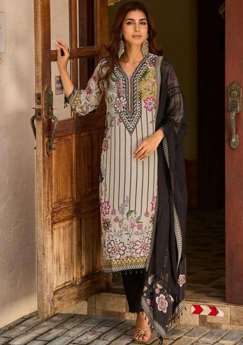 Off White Printed Silk Blend Kurta Set - Indya