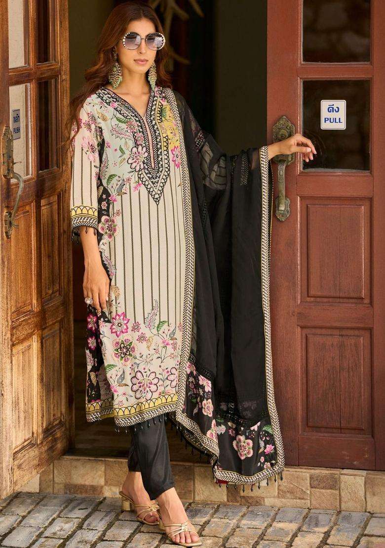 Off White Printed Silk Blend Kurta Set - Indya