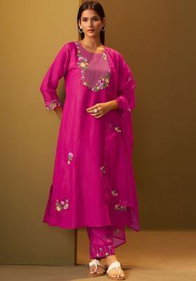 Magenta Embroidered Silk Kurta Set