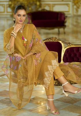 Mustard Embroidered Cotton Kurta Set
