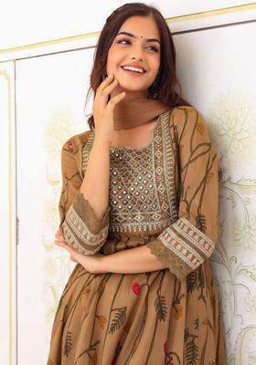 Brown Printed Cotton Kurta Set