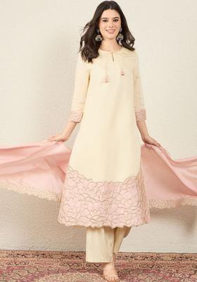 Cream Embroidered Silk Blend Kurta Set