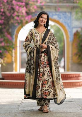 Beige Printed Cotton Kurta Set