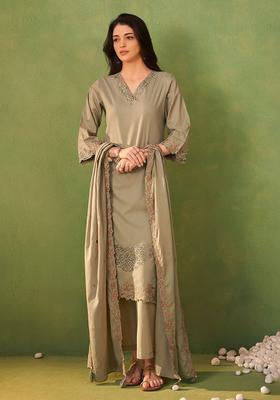 Olive Embroidered Cotton Kurta Set