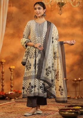 Grey Printed Cotton Kurta Set