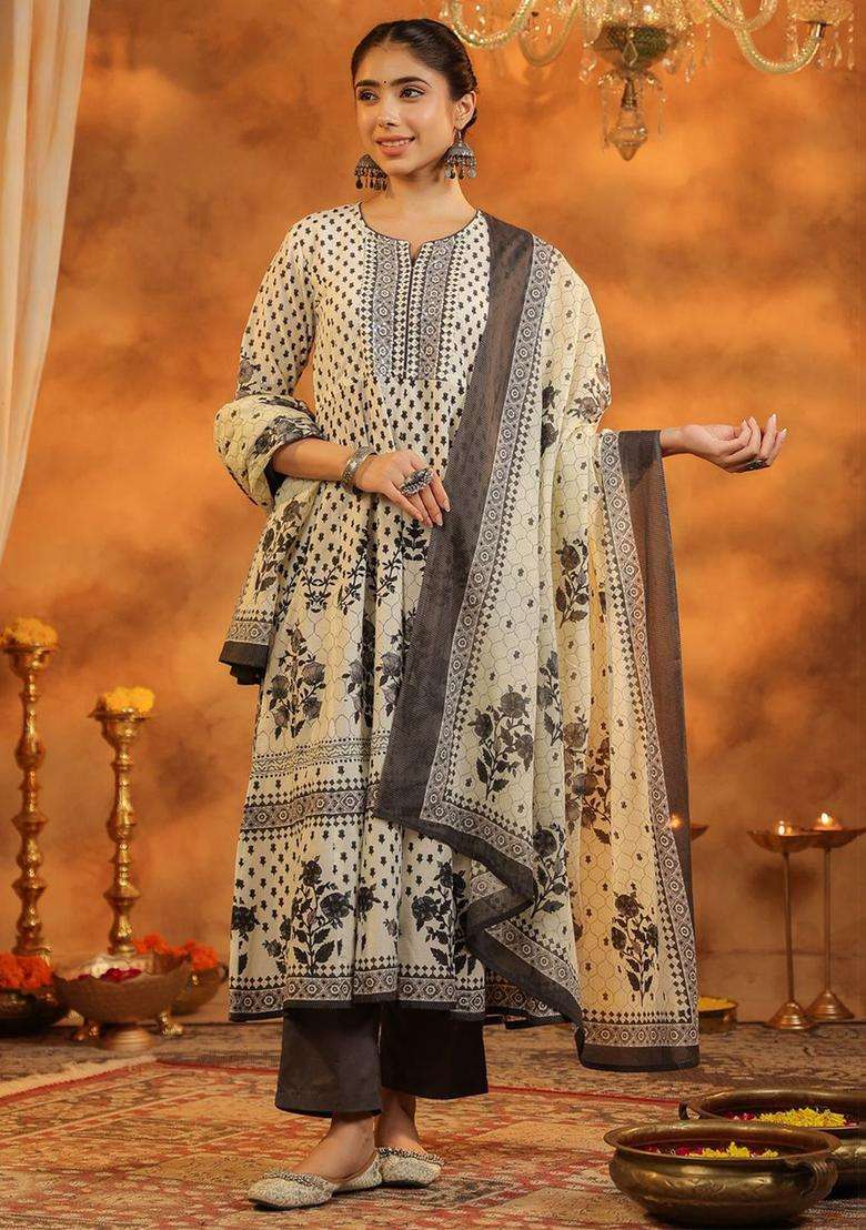 Grey Printed Cotton Kurta Set - Indya