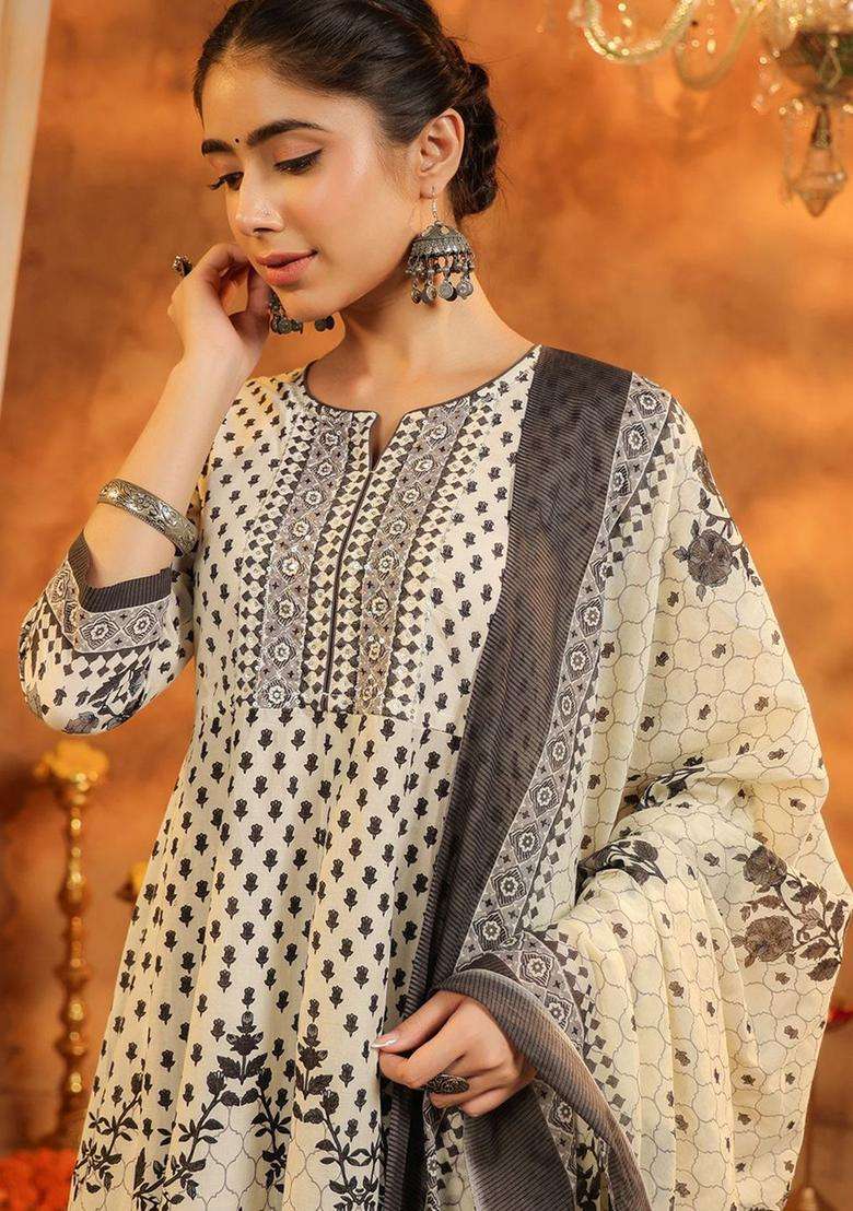 Grey Printed Cotton Kurta Set - Indya