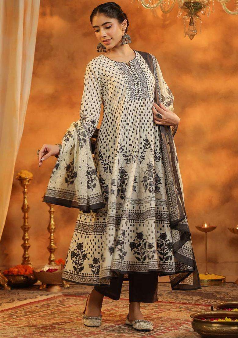 Grey Printed Cotton Kurta Set - Indya