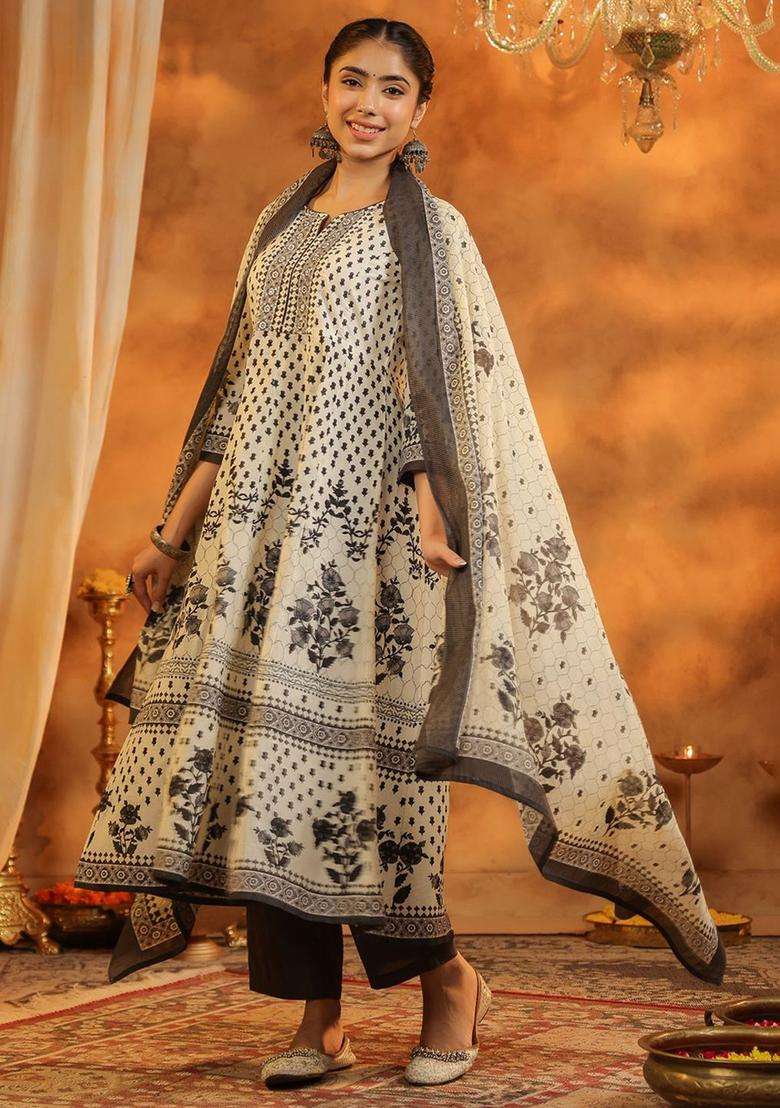 Grey Printed Cotton Kurta Set - Indya