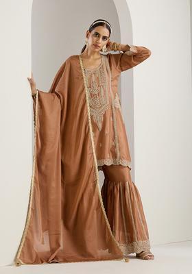 Cream Embroidered Chinon Sharara Set