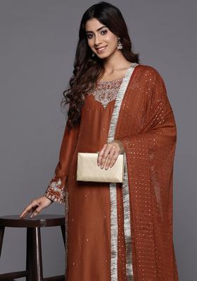 Rust Embroidered Silk Blend Kurta Set
