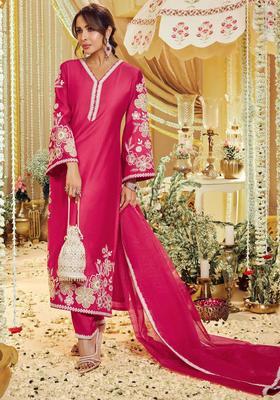 Magenta Embroidered Silk Kurta Set