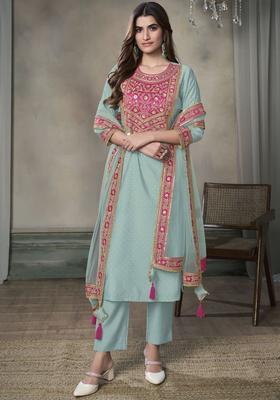 Sea Green Yoke Design Silk Blend Kurta Set