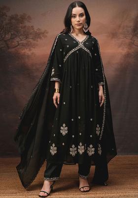 Black Embroidered Polyester Kurta Set