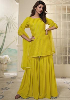 Mustard Embroidered Organza Sharara Set