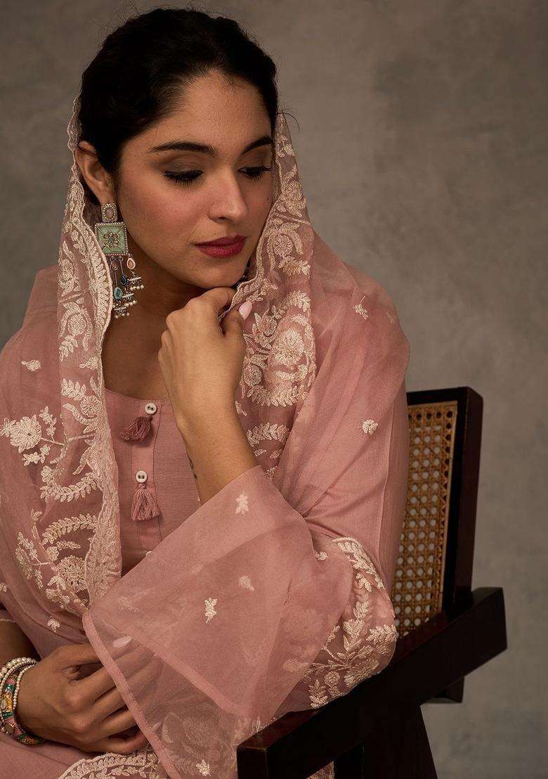 Mauve Embroidered Cotton Kurta Set - Indya
