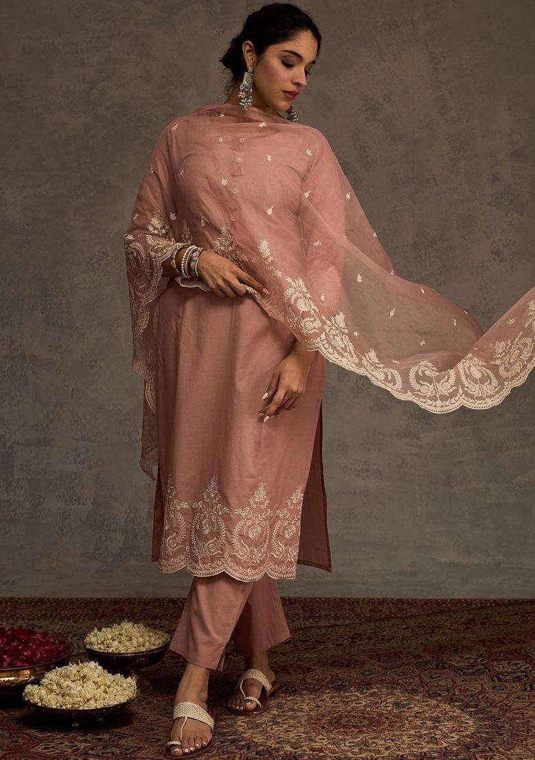 Mauve Embroidered Cotton Kurta Set - Indya