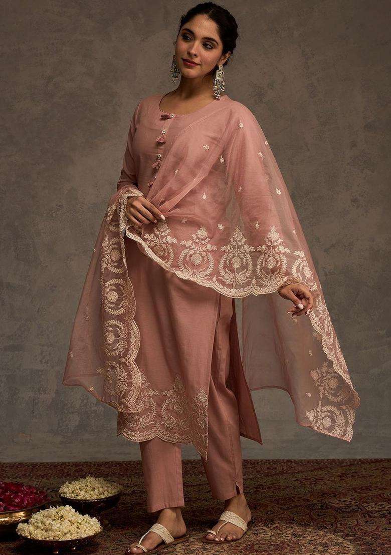 Mauve Embroidered Cotton Kurta Set - Indya