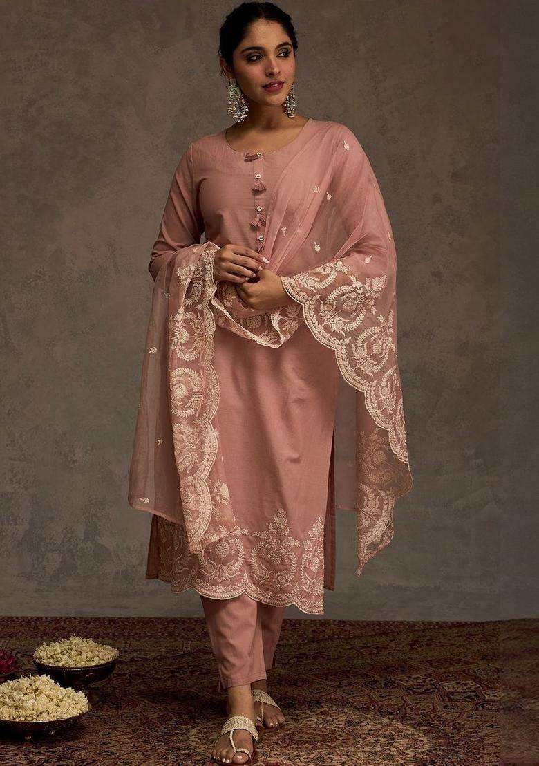 Mauve Embroidered Cotton Kurta Set - Indya