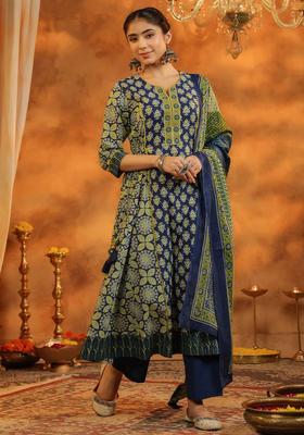 Navy Blue Printed Cotton Anarkali Set