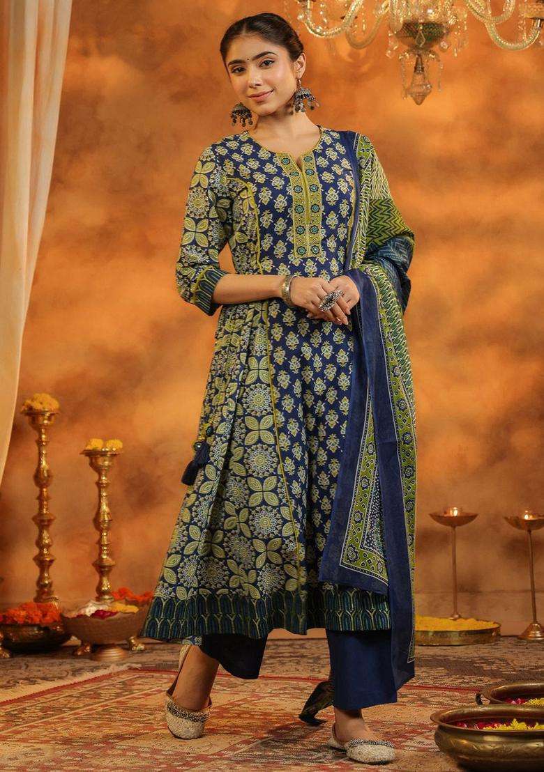 Navy Blue Printed Cotton Anarkali Set - Indya