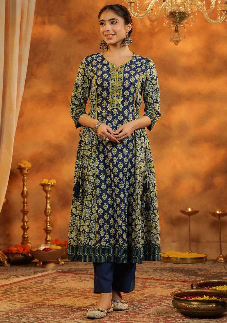 Navy Blue Printed Cotton Anarkali Set - Indya
