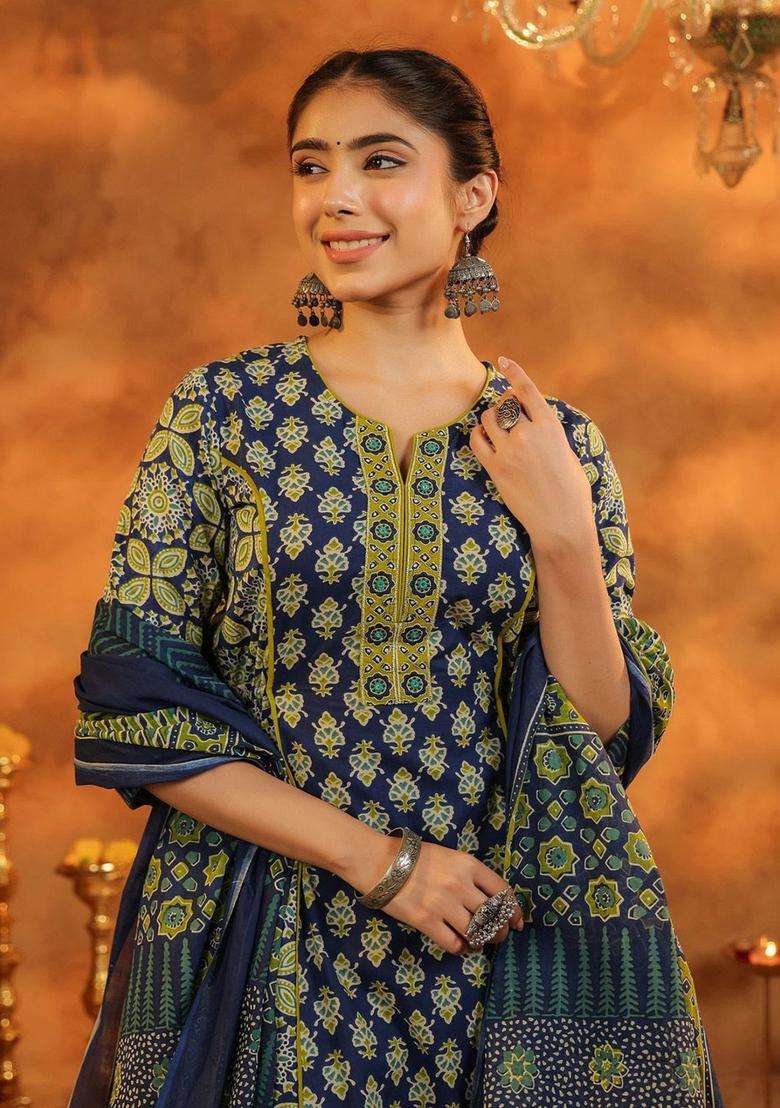 Navy Blue Printed Cotton Anarkali Set - Indya