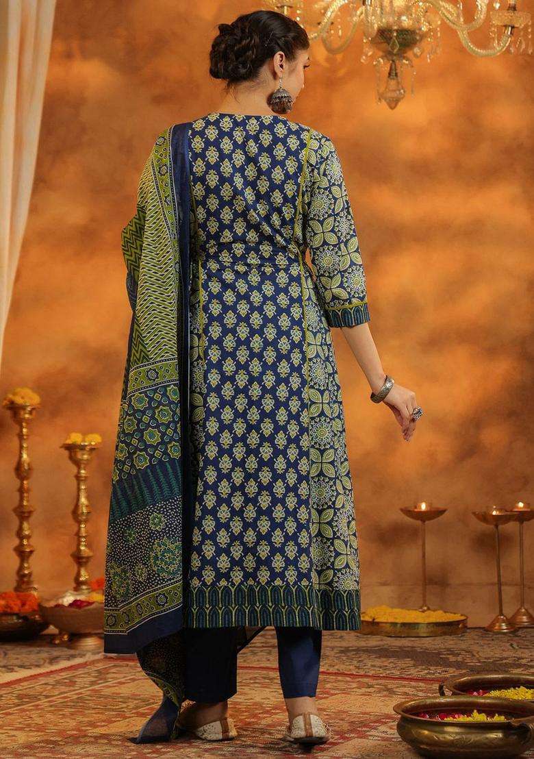 Navy Blue Printed Cotton Anarkali Set - Indya