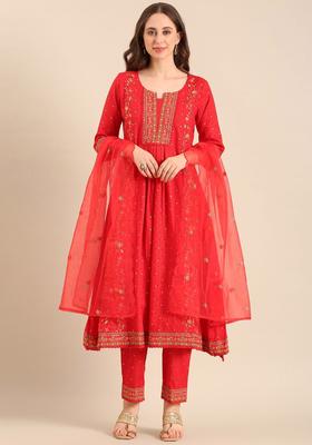 Red Embroidered Cotton Kurta Set