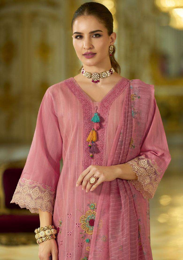 Pink Embroidered Cotton Kurta Set - Indya