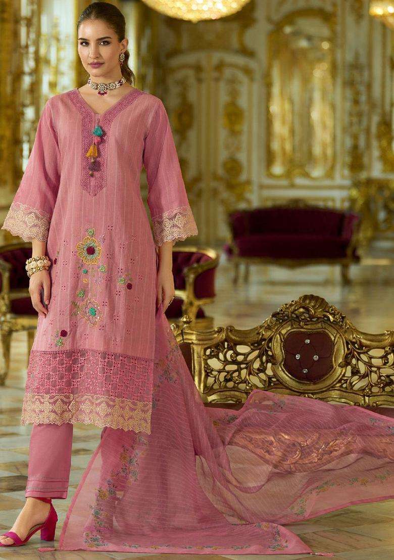 Pink Embroidered Cotton Kurta Set - Indya