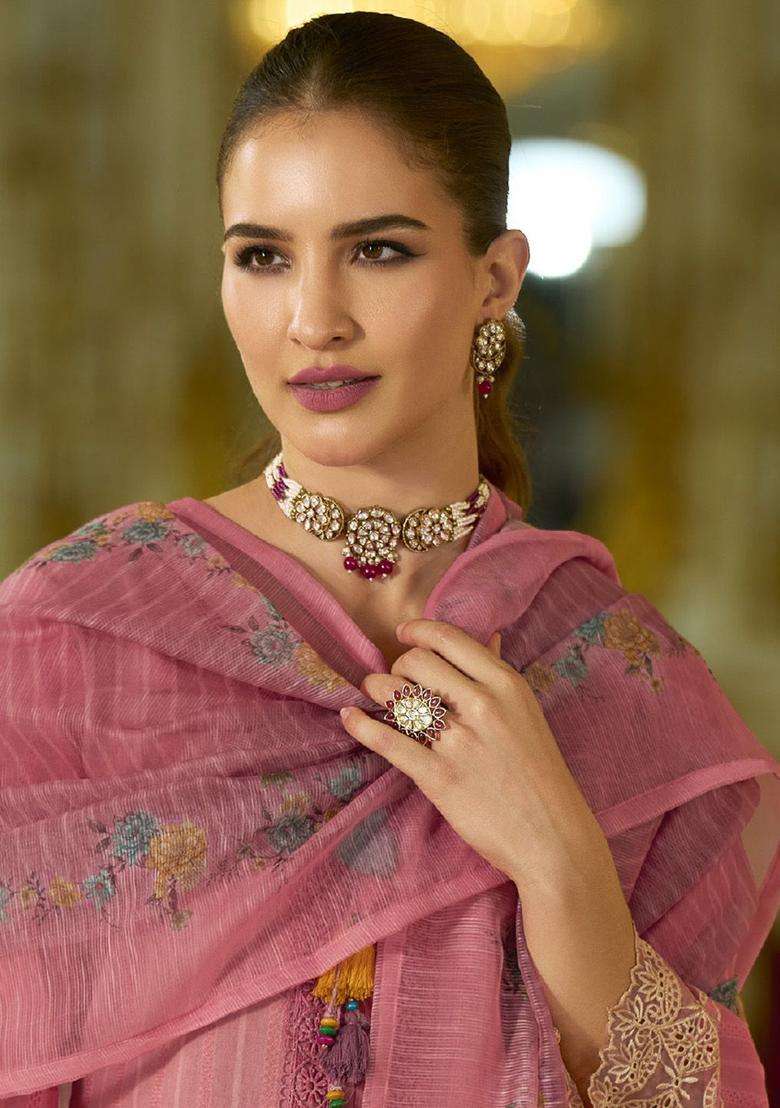 Pink Embroidered Cotton Kurta Set - Indya