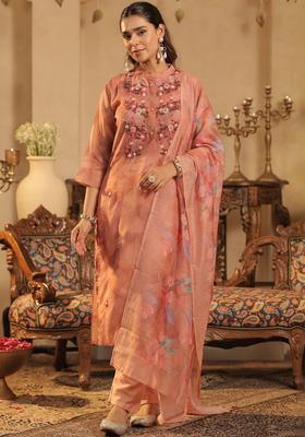 Peach Embroidered Cotton Kurta Set