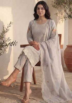 Grey Embroidered Cotton Kurta Set