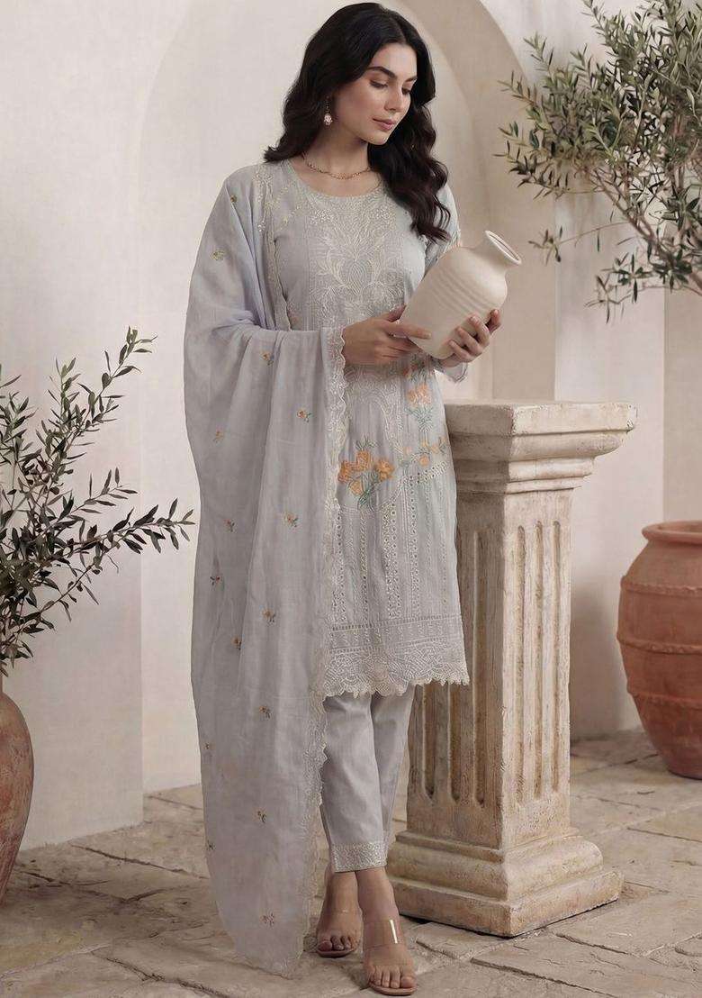 Grey Embroidered Cotton Kurta Set - Indya