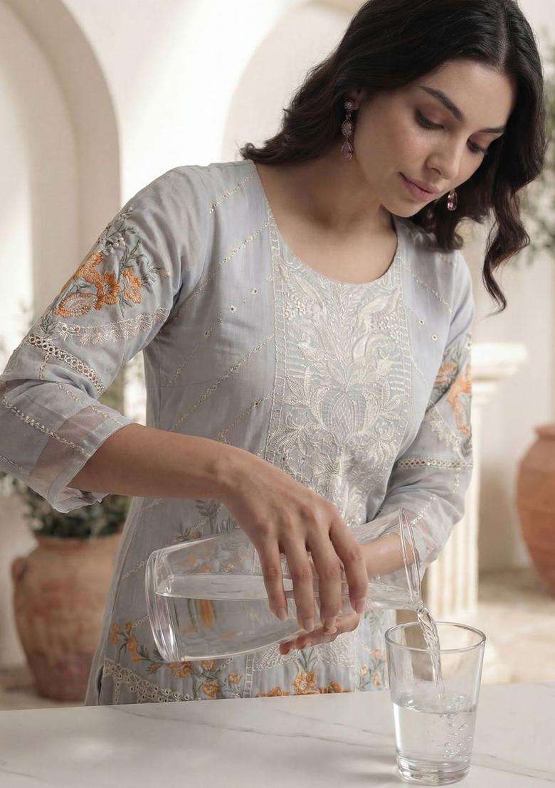 Grey Embroidered Cotton Kurta Set - Indya