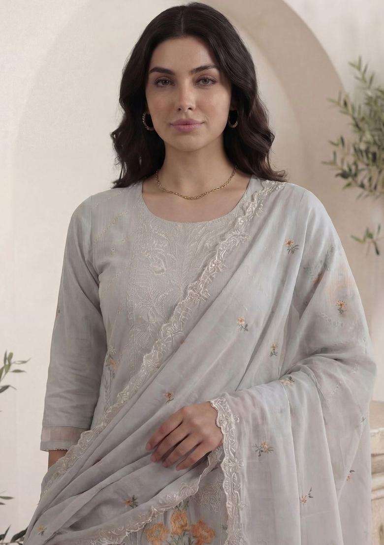 Grey Embroidered Cotton Kurta Set - Indya