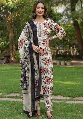 Beige Printed Cotton Kurta Set